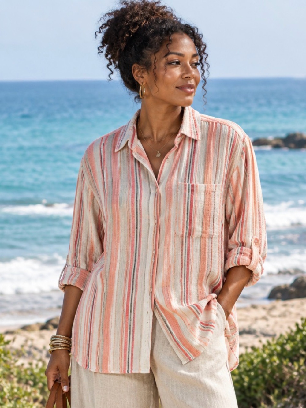 beachlunchlounge Coral and Cream Striped Button-Up Coverup